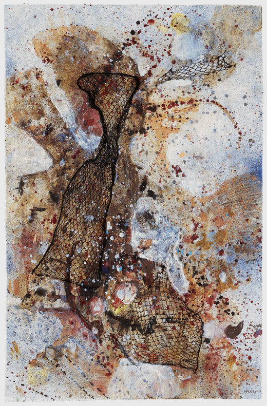 Arbeit auf Seidenpapier, Kaffee, Netz geklebt, Gouache, Tusche H 105cm x B 70cm, 1998