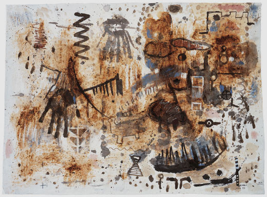 Mutation, Arbeit auf Seidenpapier, Kaffee, Netz geklebt, Gouache, Tusche H 70cm x B 100cm, 1998